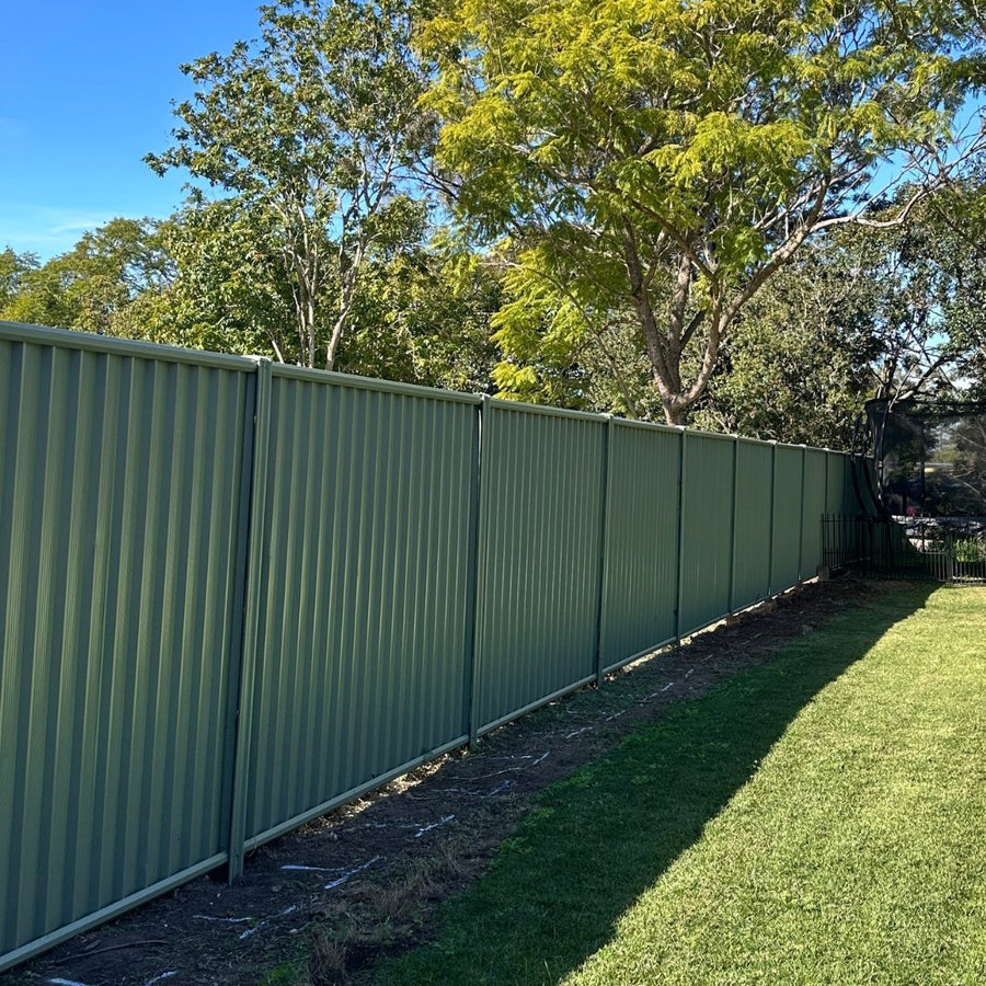 Before: a Colorbond fence line before and after a Lilly Pilly hedge was installed